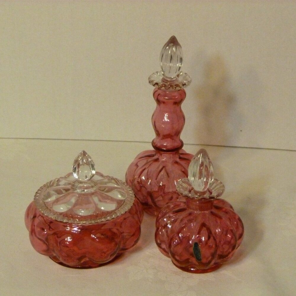 Fenton Made in USA Art Glass Melon Cranberry 3 Piece Dresser / Vanity Set